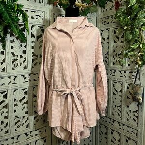 KLEIN KUTE KUTE PINK WITH WHITE STRIPES BUTTON UP LONG SLEEVE SHORTS ROMPER